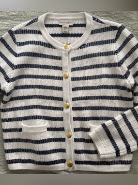 Martha Stewart Navy and White Striped Gold-Button Cardigan